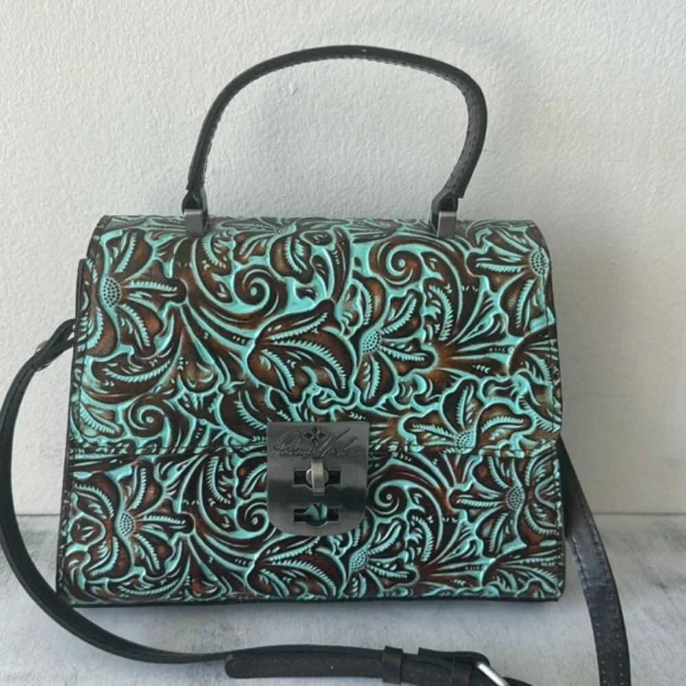 Patricia Nash Leather Tooled Chauny Turquoise Handbag Crossbody Top Handbag